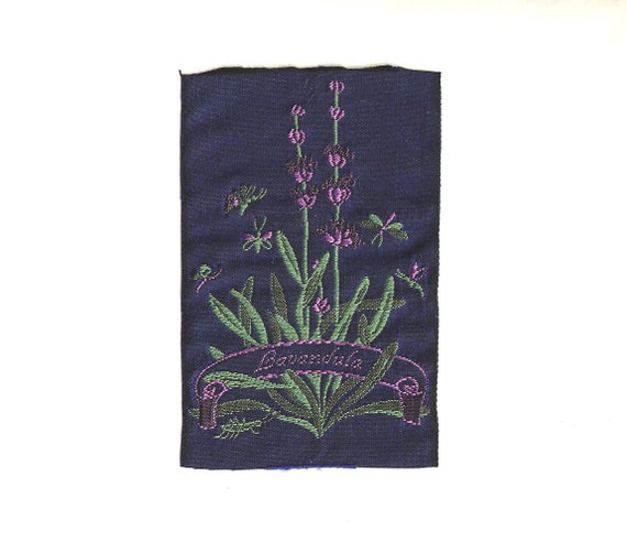 KAFKA L-04/05 Jacquard Ribbon Woven Organic Cotton Trim 2-3/8" wide (60mm) RARE Navy w/Purple "Lavender" Flowers & Script, Sold Per Motif