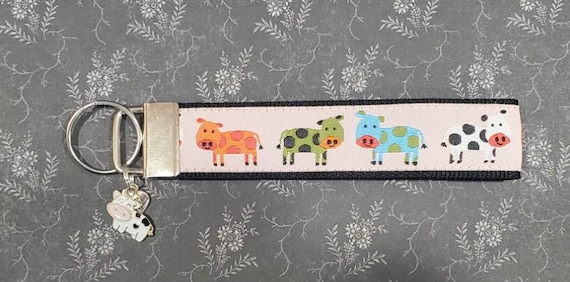 Jacquard Ribbon/Nylon Web 1" wide (25mm) Key Fobs, Happy Multi-Colored Cows w/Charms, Keychain, Wristlet, Luggage Tags 5.5" long