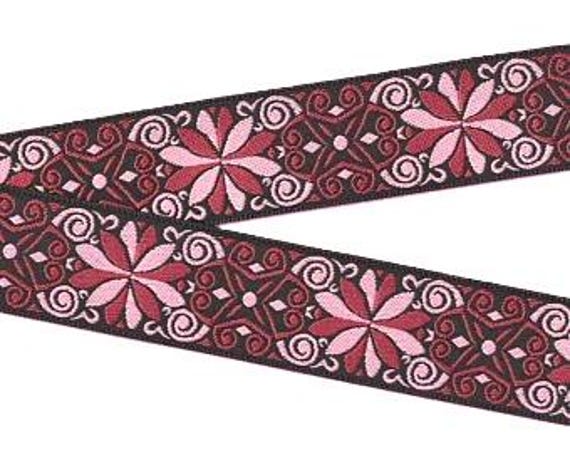FLORAL H-16-B Jacquard Ribbon Poly Trim 1-1/2" Wide (38mm) Dark Brown w/Pink & Burgundy Flowers