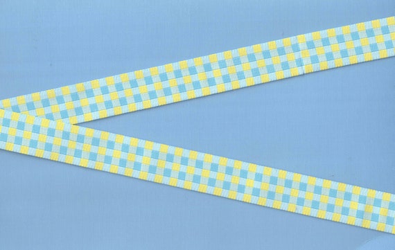 CHECKS D-03-B Jacquard Ribbon Poly Trim, 3/4" Wide (20mm) Douglas Paquette Yellow, Aqua & Teal Check Gingham