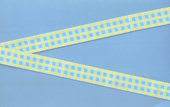 CHECKS D-03-B Jacquard Ribbon Poly Trim 3/4" wide (20mm) Douglas Paquette Yellow, Aqua & Teal Check Gingham