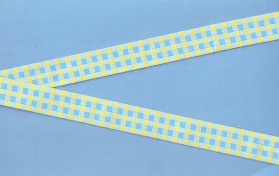 CHECKS D-03-B Jacquard Ribbon Poly Trim, 3/4" Wide (20mm) Douglas Paquette Yellow, Aqua & Teal Check Gingham