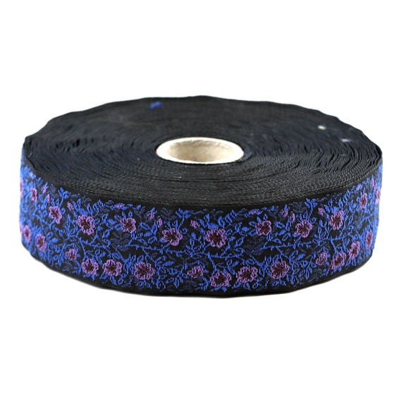 KAFKA F-02/45 Jacquard Ribbon Woven Organic Cotton Trim 1" wide (25mm) Black Background w/Purple & Burgundy Wild Roses, Blue/Navy Leaves