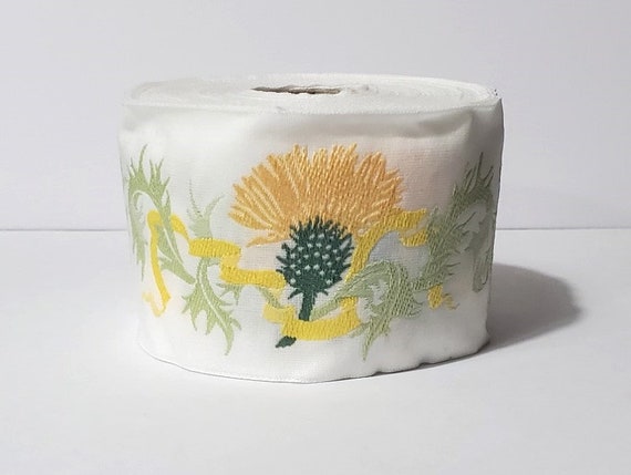 KAFKA K-01/08 Jacquard Ribbon Woven Organic Cotton Trim 2" wide (50mm) Off-White, "Goldenrod" Thistles, Yellow Ribbons Spring Green Leaves