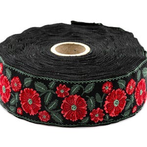 KAFKA G-31/01 Jacquard Ribbon Woven Organic Cotton Trim 1-1/4&quot; wide (32mm) Black Background w/Variegated Red Wild Roses, Green Leaves