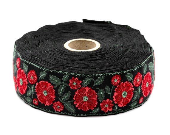 KAFKA G-31/01 Jacquard Ribbon Woven Organic Cotton Trim 1-1/4" wide (32mm) Black Background w/Variegated Red Wild Roses, Green Leaves