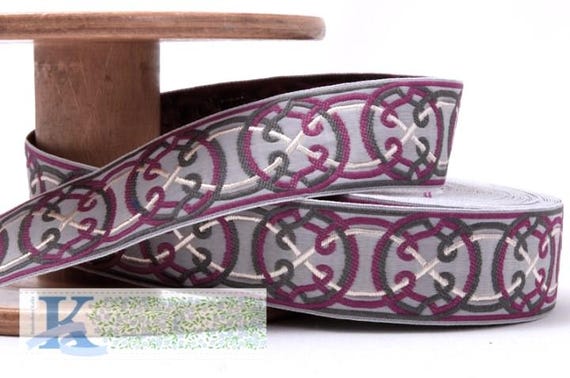KAFKA G-11/06 Jacquard Ribbon Woven Organic Cotton Trim 1-1/4" wide (32mm) Gray Background w/Plum, Gray & Ivory Celtic Rope Circles