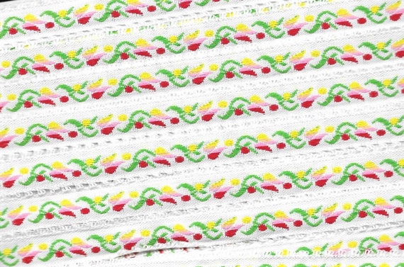 FLORAL B-24-C Jacquard Ribbon Rayon Trim 1/2" wide (13mm) White w/Picot Edging Variegated Yellow/Pink/Red Tulips Yellow & Red Dots