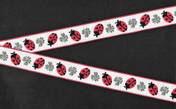 INSECTS E-01-A Jacquard Ribbon Woven Polyester Trim 7/8" Wide (22mm) White w/Red & Black Ladybugs and Large Sage Green Leaves