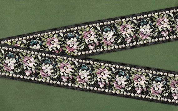 FLORAL TAPESTRY H-01-B Jacquard Ribbon Poly Trim 1-5/8" wide (41mm) "Petit Point" Design in Black w/Pink Roses & Olive Leaves