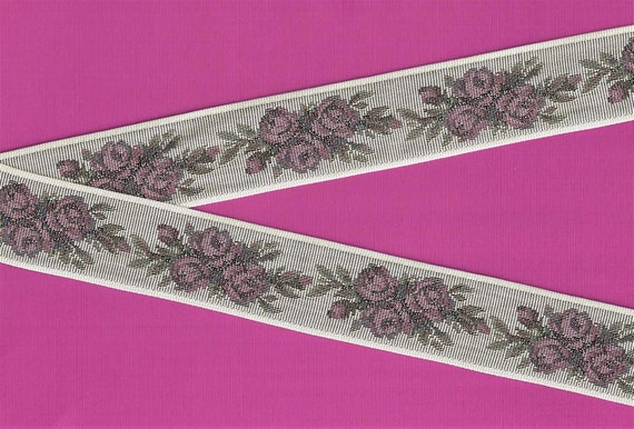 FLORAL TAPESTRY H-53-A Jacquard Ribbon Poly Trim, 1-1/2" Wide (38mm) "Petit Point" Design in Lt Gray w/Pink Roses & Olive Leaves