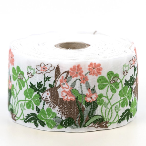KAFKA K-04/07 Jacquard Ribbon Woven Organic Cotton Trim 2" wide (50mm) White Background w/Rabbits, Peach Flowers in a Green Garden