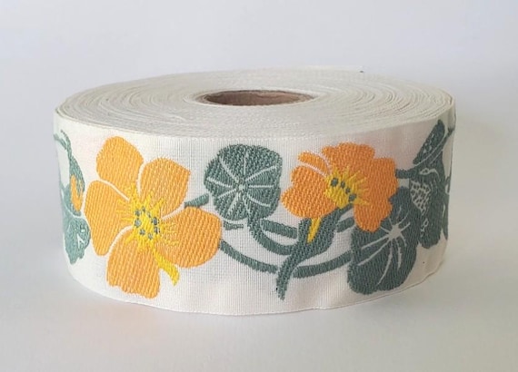KAFKA G-03/01 Jacquard Ribbon Woven Organic Cotton Trim 1-1/4" wide (32mm) Ivory w/Golden Yellow Nasturtiums, Yellow Accents, Green Leaves