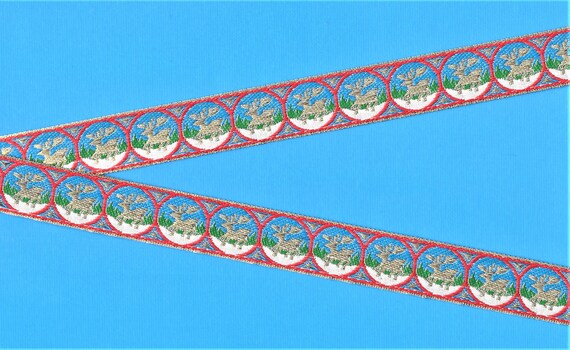HOLIDAY E-08-A Jacquard Ribbon Trim, Poly 7/8" Wide (22mm) Sky Blue w/Green Trees, Metallic Gold Reindeers in Red Circle Motif, Per Yard