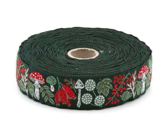 KAFKA F-19/04 Jacquard Ribbon Woven Organic Cotton Trim 1" wide (25mm) NEW! Green Background w/Toadstools, Leaves & Autumn Fruits