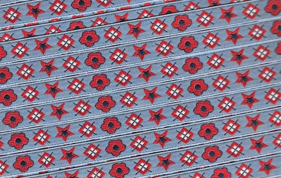 FLORAL A-17-A Jacquard Ribbon Poly Trim 3/8" Wide (9mm) Made in France, Blue w/Red Flowers, Stars & Diamond Motifs, Navy Accents