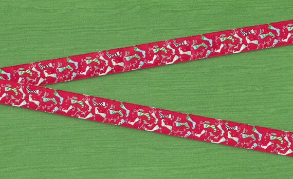 HOLIDAY C-03-A Jacquard Ribbon Polyester Trim 5/8" wide (16mm) Red Background with Multi-Colored Christmas Stockings, REMNANTS