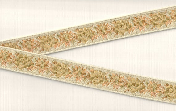 FLORAL TAPESTRY F-21-H Jacquard Ribbon Cotton/Poly Trim 1" wide (25mm) "Petit Point" Design Cream Background w/Beige, Peach & Gold Flowers