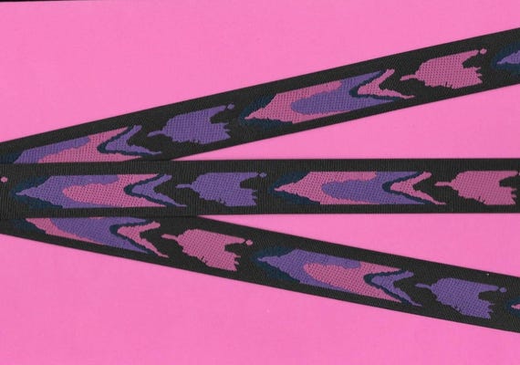 NATIVE AMERICAN D-10-B Jacquard Ribbon Poly Trim, 3/4" wide (20mm) Black Background w/Purple, Pink & Royal Blue Abstract Pattern