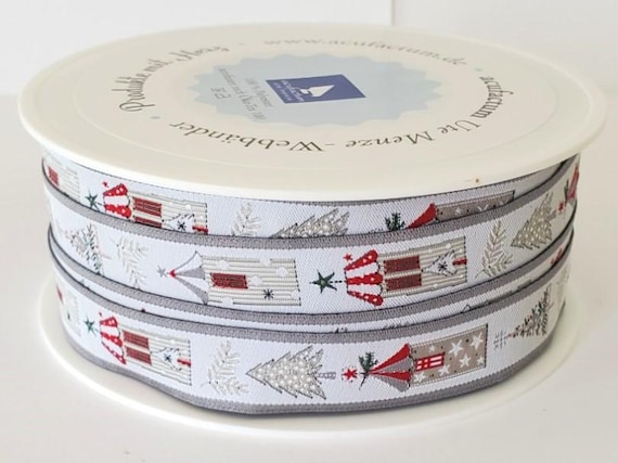 KERSTIN HESS Holiday Jacquard Ribbon Woven Trim 5/8" wide (16mm) From Germany "Winter Houses" White Background w/Christmas Trees & Houses