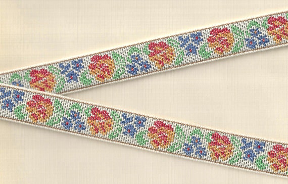 FLORAL TAPESTRY F-23-A Jacquard Ribbon Cotton Trim 1-1/8" wide "Petit Point" Design Ivory w/Orange, Red, Blue Flowers, Green Leaves