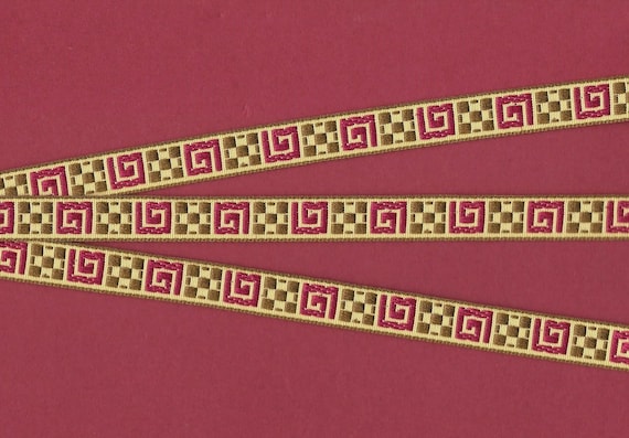 GEOMETRIC B-01-A Jacquard Ribbon Polyester Trim 1/2" wide (13mm) Warm Tones of Burgundy, Brown & Tan, REMNANTS