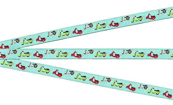 NOVELTY B-04-A Jacquard Ribbon Poly Trim 1/2" wide (13mm) Blue Mopeds/Scooters, Silver Accents