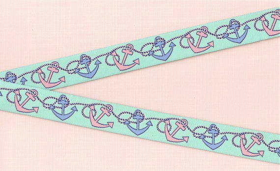 SPORTS/Nautical E-02-A Jacquard Ribbon Poly Trim 7/8" wide (22mm) Douglas Paquette, Aqua Background w/Pink & Blue Rope and Anchors