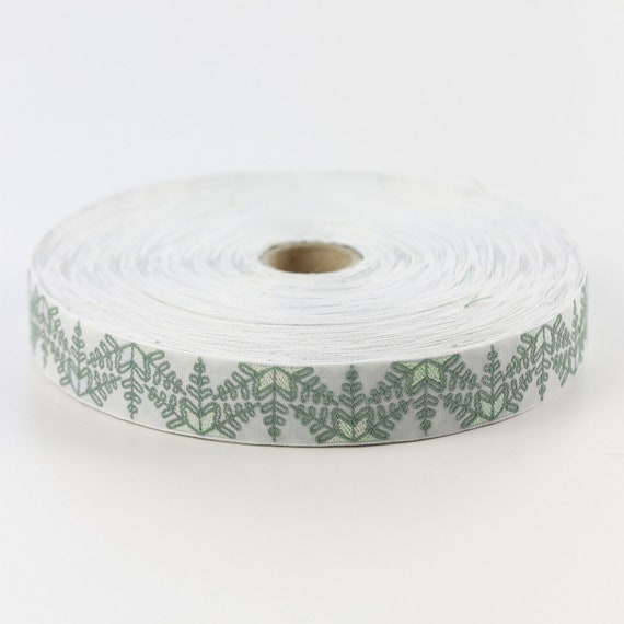 KAFKA D-02/01 Jacquard Ribbon Woven Organic Cotton Trim 3/4" wide (20mm) White w/Sage Green Snowflakes Metallic Iridescent Accents, Per Yard
