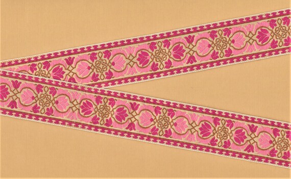 FLORAL G-64-A Jacquard Ribbon Trim, Cotton/Rayon 1-1/4" wide VINTAGE Beige w/Rose Pink & Pink Flowers, Taupe Celtic Scroll Design, REMNANTS