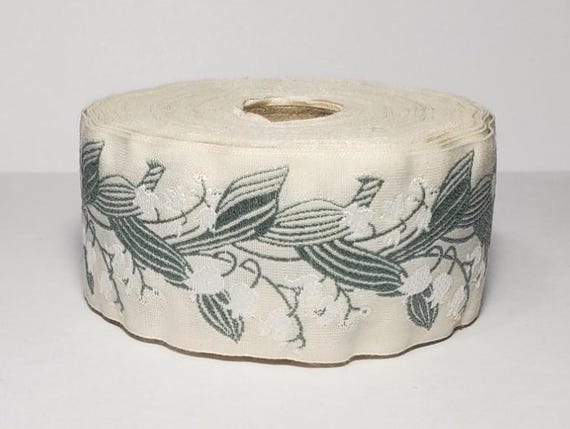 KAFKA H-02/01 Jacquard Ribbon Woven Organic Cotton Trim 1-1/2" wide (40mm) IVORY w/White Lilies of the Valley, Gray/Green Leaves