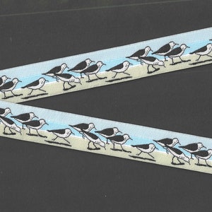 ANIMAUX/Oiseaux RDS E-29-A Ruban jacquard Bordure en poly 7/8 po. de large (22 mm) Ciel bleu et eau avec bécasseaux « bécasseaux » marchant