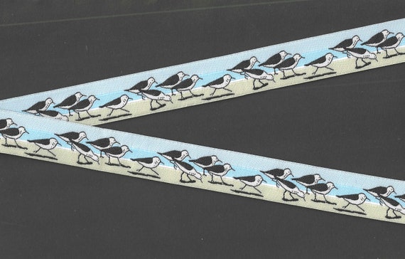 ANIMALS/Birds RDS E-29-A Jacquard Ribbon Poly Trim 7/8" Wide (22mm) Blue Skies & Water w/"Sandpipers" Seagulls Walking