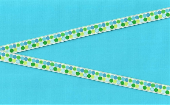 POLKA DOTS B-17-A Jacquard Ribbon Polyester Trim 1/2" Wide (13mm) FUN! Variegated Green & Turquoise Polka Dots on White Background