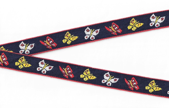 INSECTS E-02-A Jacquard Ribbon Cotton Trim 7/8" wide (22mm) VINTAGE Navy Background, Red Borders w/Red, Yellow & White Butterflies