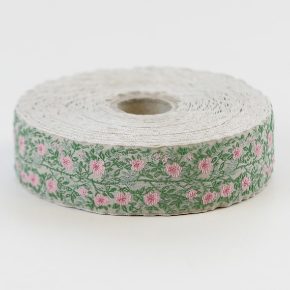 KAFKA F-02/23 Jacquard Ribbon Woven Organic Cotton Trim 1" wide (25mm) Beige w/Pink Wild Roses, 2-Tone Green Leaves