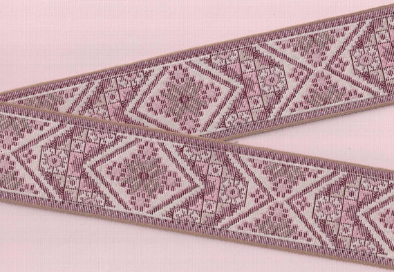 FLORAL TAPESTRY M-13-F Jacquard Ribbon Cotton Trim 2-1/2" Wide (64mm) Shades of Beige, Pink & Plum on Cream Background, Priced Per Yard