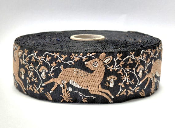 KAFKA G-35/04 Jacquard Ribbon Organic Cotton Trim 1-1/4" wide (32mm) Black w/Brown Fawns