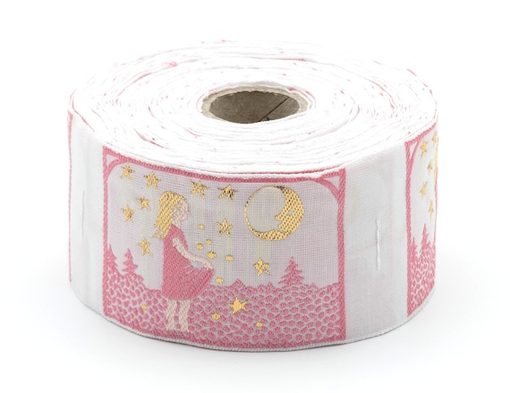 KAFKA H-09/06 Jacquard Ribbon Woven Organic Cotton Trim 1-5/8" wide (42mm) "Starcatcher" Girl w/Apron, Pink w/Gold Metallic Stars Moon