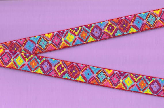 FLORAL E-07-A Jacquard Ribbon Poly Trim 7/8" wide (22mm) "Red Antwerp" Renaissance Ribbons Kaffe Fassett Bright Floral in Diamond Design