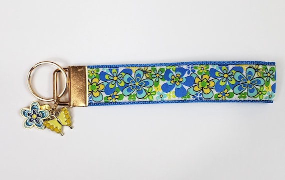 FLORAL (Yellow & Blue) Jacquard Ribbon/Nylon Web 1" wide (25mm) 5.5" long Key Fob w/Charms