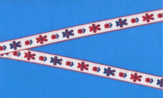 CHILDREN's C-01-C Jacquard Ribbon Cotton Trim 5/8" Wide (16mm) VINTAGE White Background w/Blue & Red Bears, Petite Red Flowers, Blue Accents