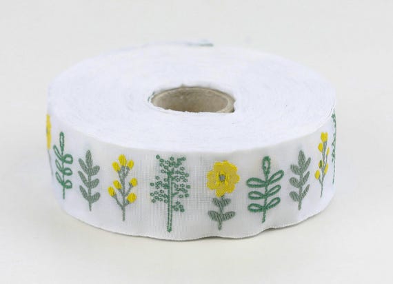 KAFKA F-12/09 Jacquard Ribbon Woven Organic Cotton Trim 1" wide (25mm) White Background w/Yellow Flowers, Green Stems/Leaves