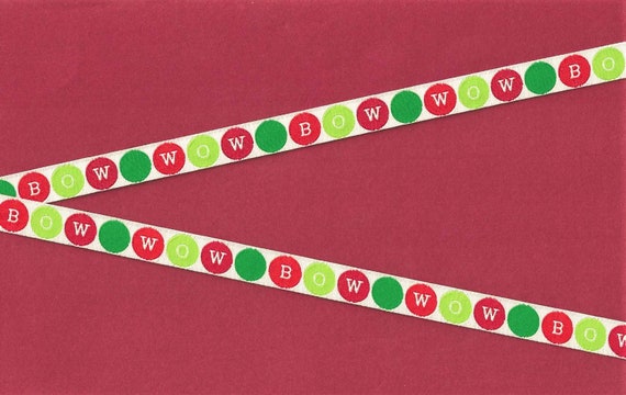 HOLIDAY B-02-A Jacquard Ribbon Polyester Trim 1/2" Wide (13mm) Red & Green Polka Dots Bow Wow Theme on White Background