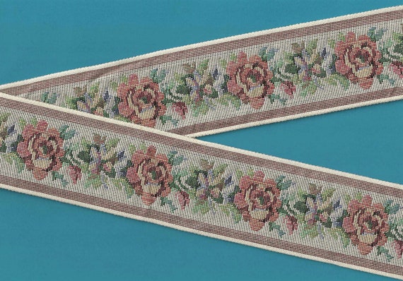 FLORAL TAPESTRY M-05-E Jacquard Ribbon Cotton Trim 2-3/8" Wide (60mm) "Petit-Point" Design in Beige, Rosy Peach & Green Leaves