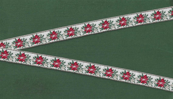 HOLIDAY C-25-A Jacquard Ribbon Poly Trim 5/8" Wide (16mm) Red Poinsettias, Green Holly, Metallic Gold Accents on White, Per Yard