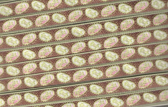 FLORAL B-09-B Jacquard Ribbon Woven Poly Trim 1/2" Wide (13mm) From France, Floral Medallion Design in Brown/Pink/Ivory/Green