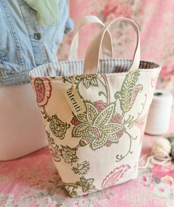 ATENTI Handmade Bags "ROSALIE" Vintage-Inspired Floral in Cream/Green/Dusty Pink, Hope Basket Organizer, Needle Arts/Knitting Bag, USA Made