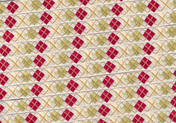 GEOMETRIC A-04-B Jacquard Ribbon Polyester Trim 3/8" wide (9mm) Argyle Pattern in Ivory w/Red, Cream & Lt Olive Diamonds, Orange Accents