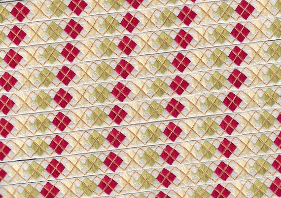 GEOMETRIC A-04-B Jacquard Ribbon Poly Trim 3/8" Wide (9mm) Argyle Pattern, Ivory w/Red, Cream & Lt Olive Diamonds, Orange Accents, Per Yard